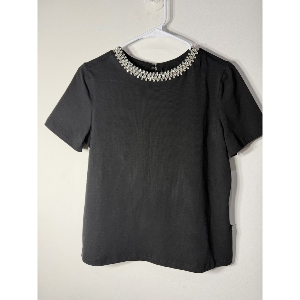 Isaac Mizrahi Black Jeweled Collar Short Sleeve Top Size‎ Small Pre-owned AS IS